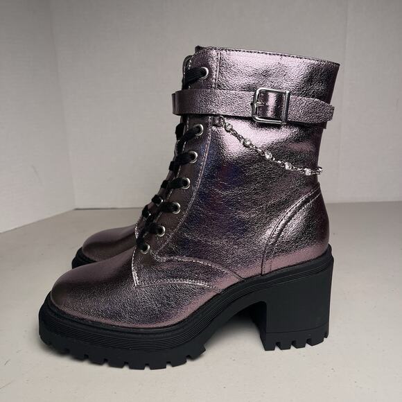 Pop Combat Boots Metallic Purple Lug Sole Heeled Lace Up Chain Punk Size 7 $90 - Picture 2 of 14